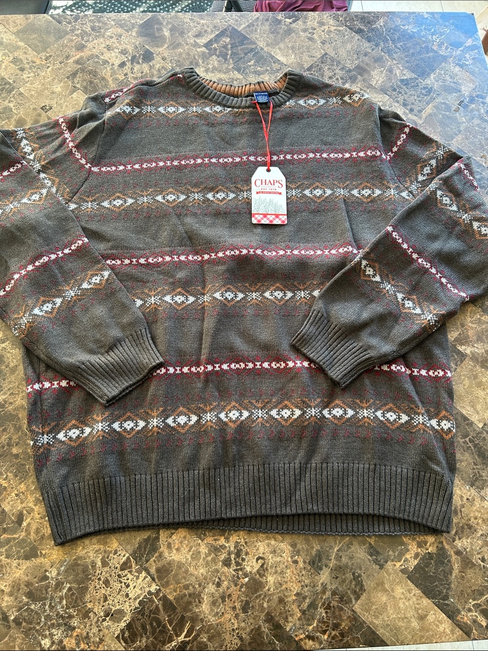 NWT 🆕 CHAPS Men's Brown Patterned Crewneck Sweater size XXL